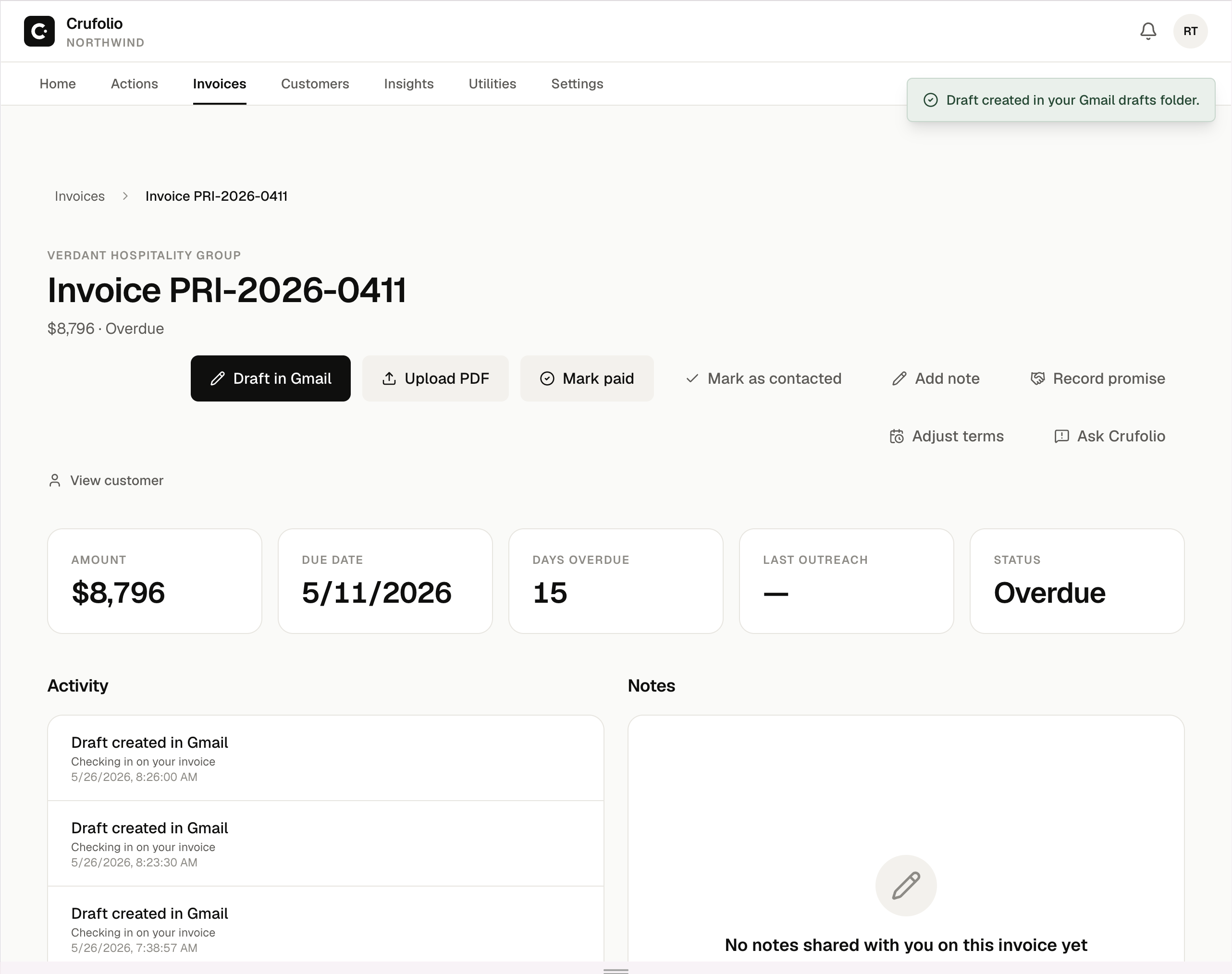 Invoice page after draft created — toast confirms 'Draft created in your Gmail drafts folder'