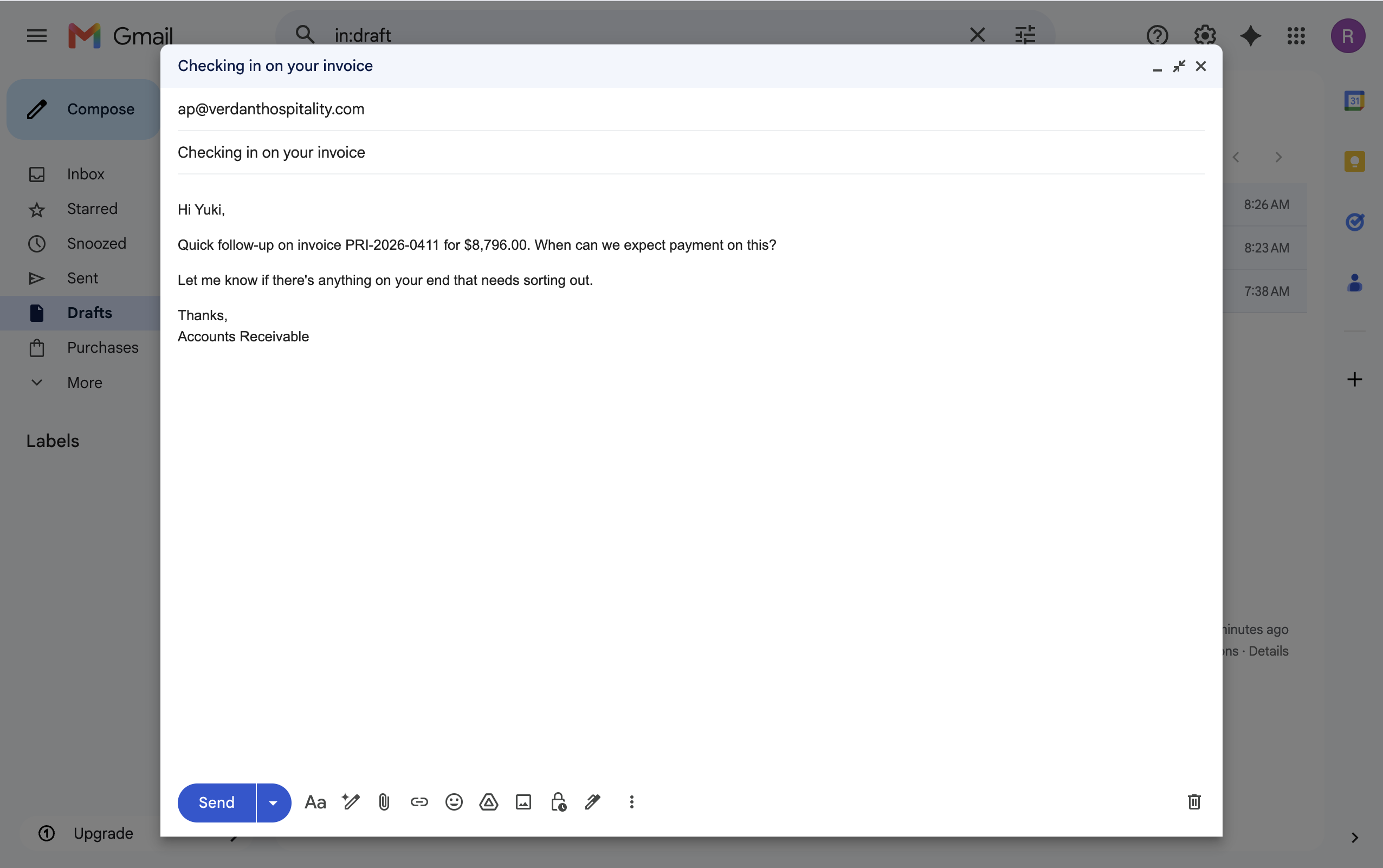 Gmail Drafts — the Crufolio-drafted follow-up sitting in your own mailbox