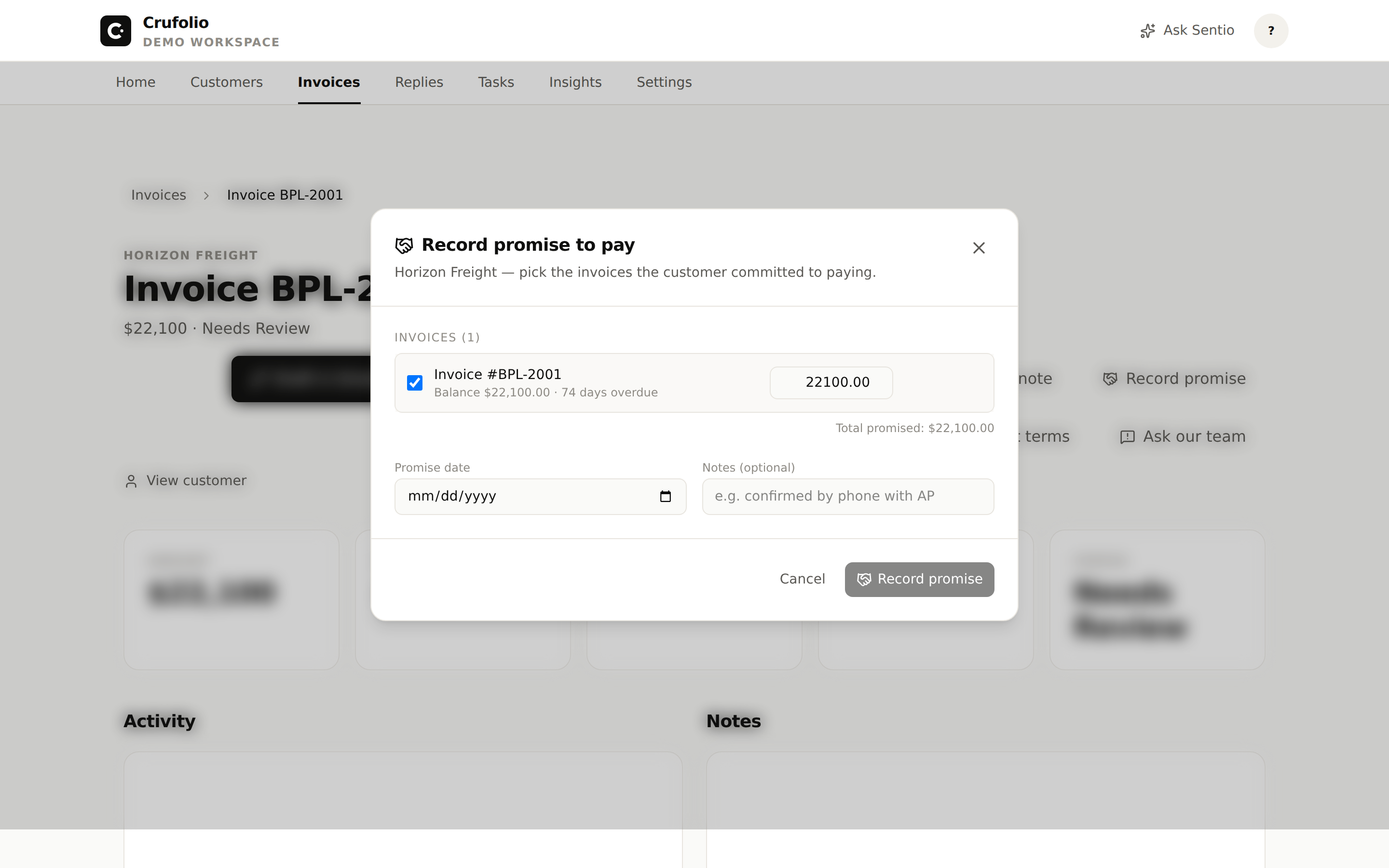 Record promise to pay modal on the invoice page