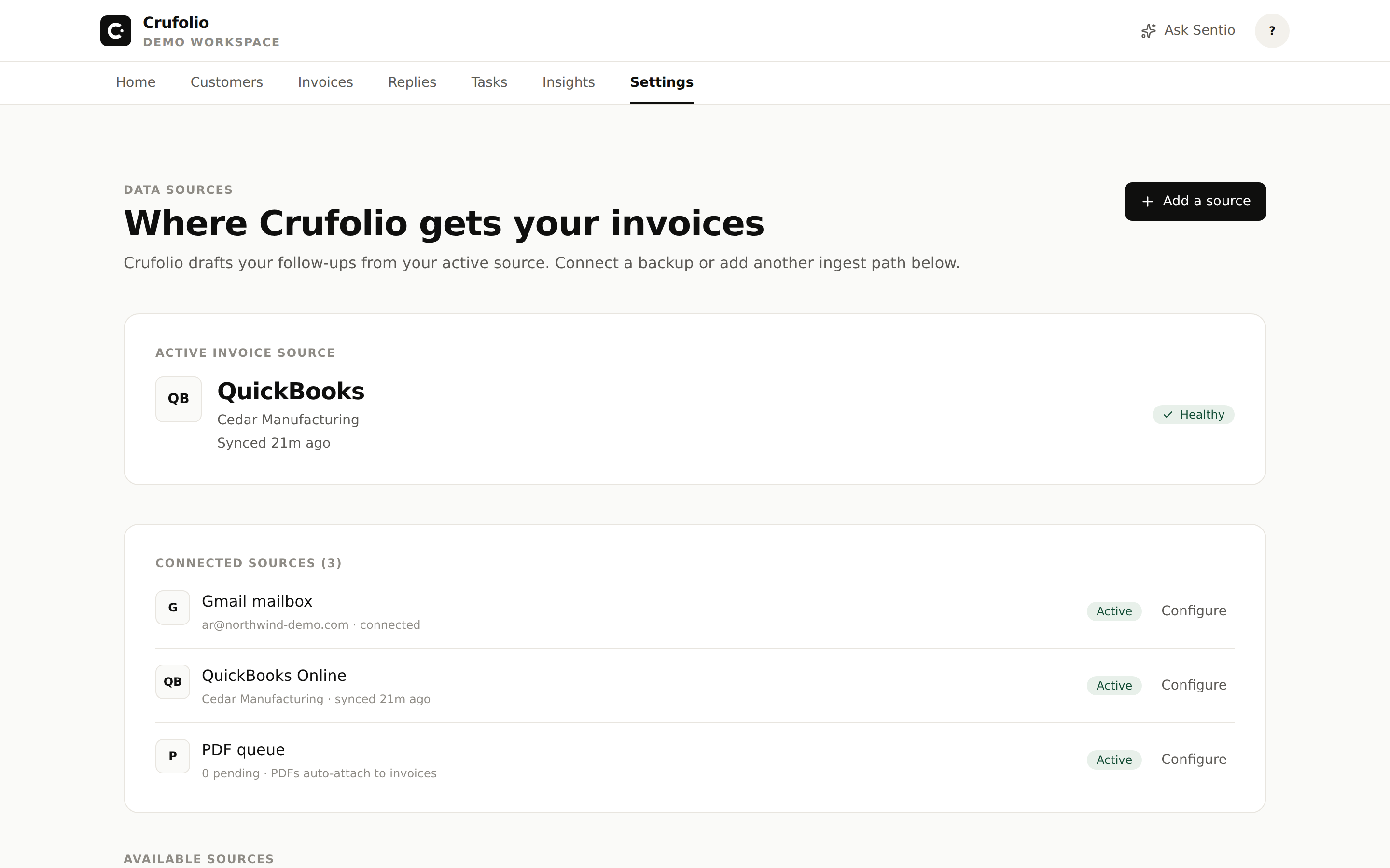 Settings — Data sources