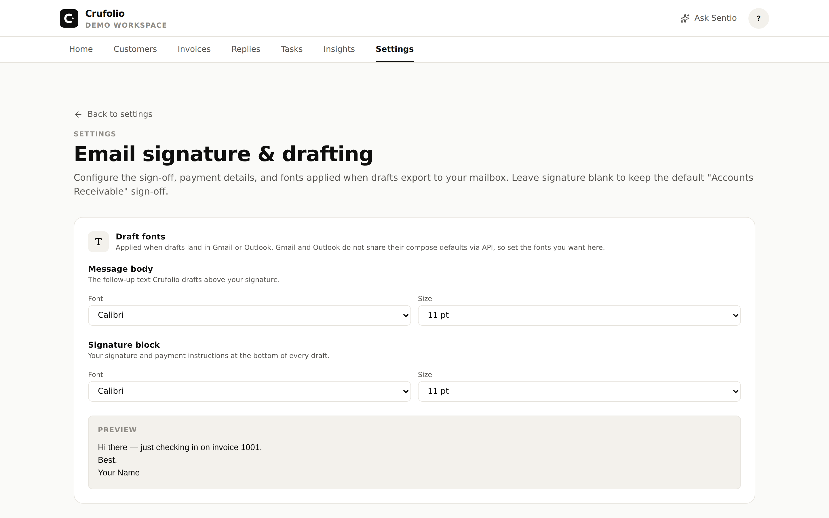 Settings — Email signature and payment instructions