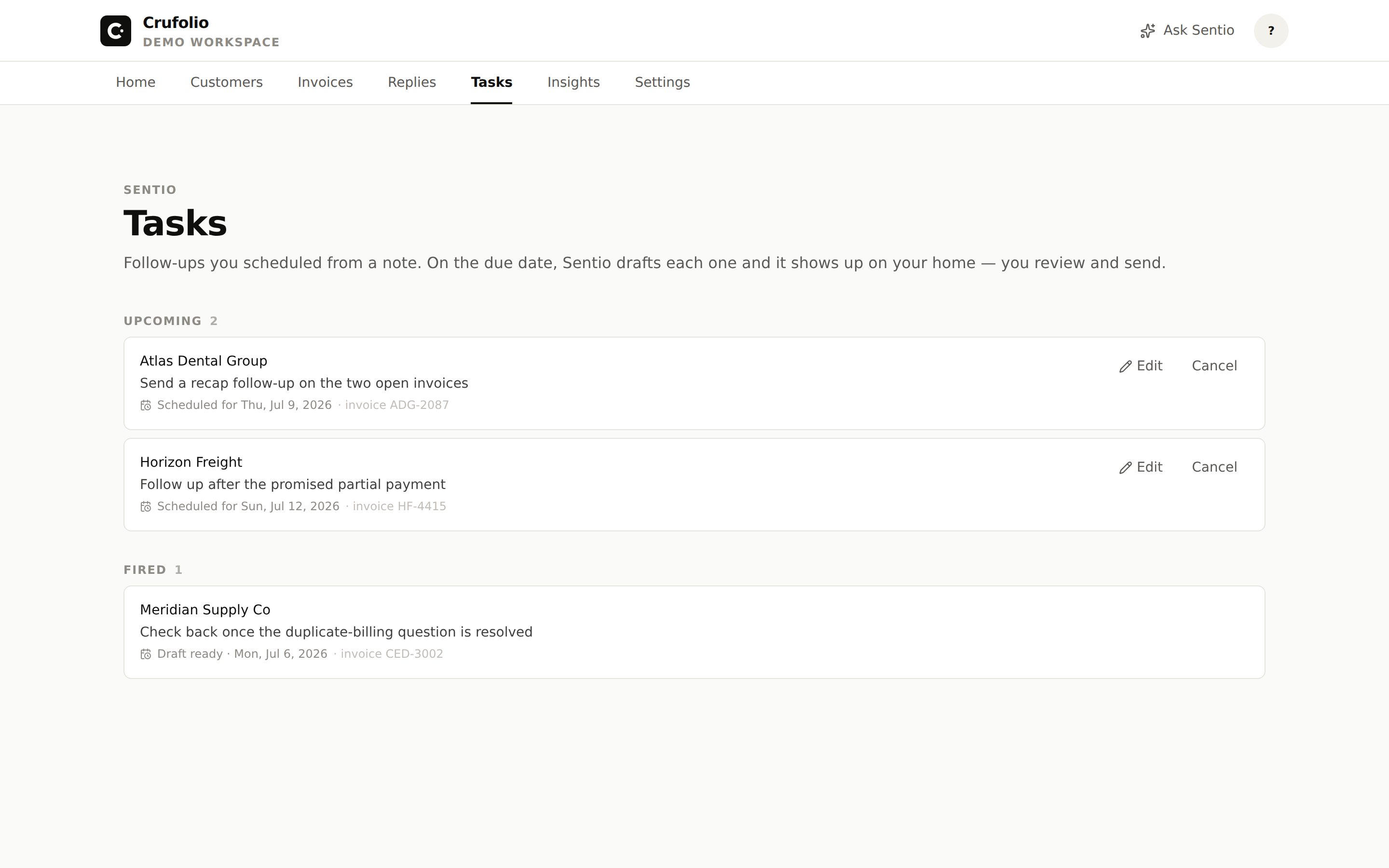The Sentio Tasks page — scheduled follow-ups