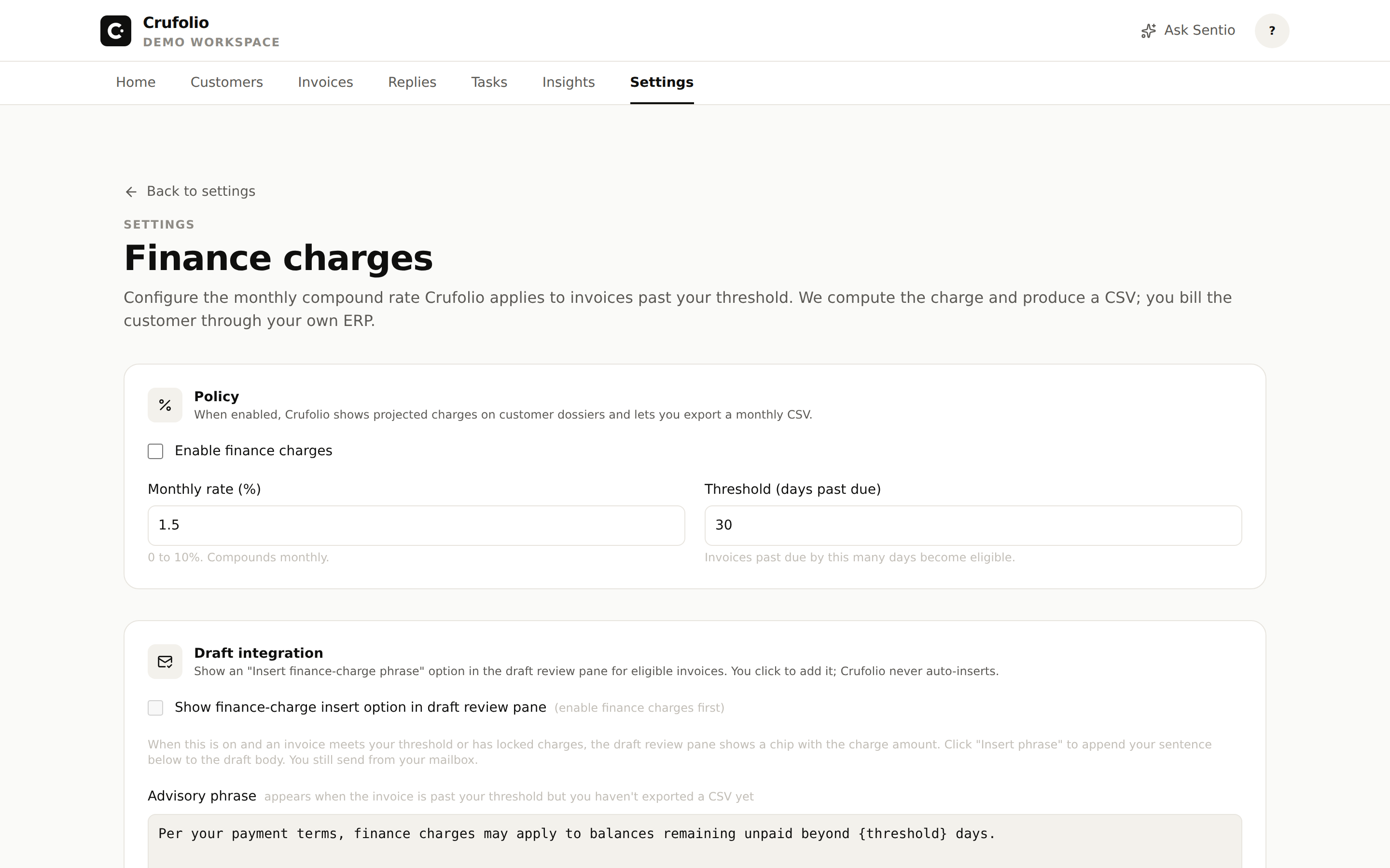 Finance-charge policy settings