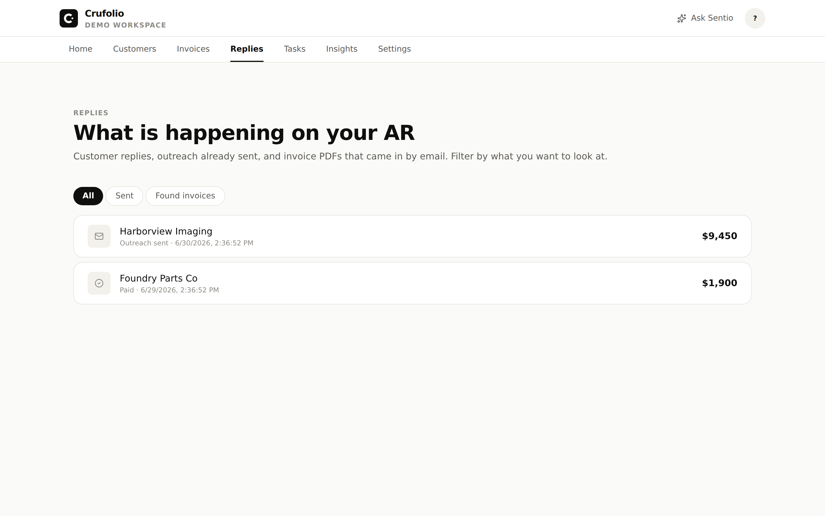 Activity feed — PDFs attached, payments received, outreach sent