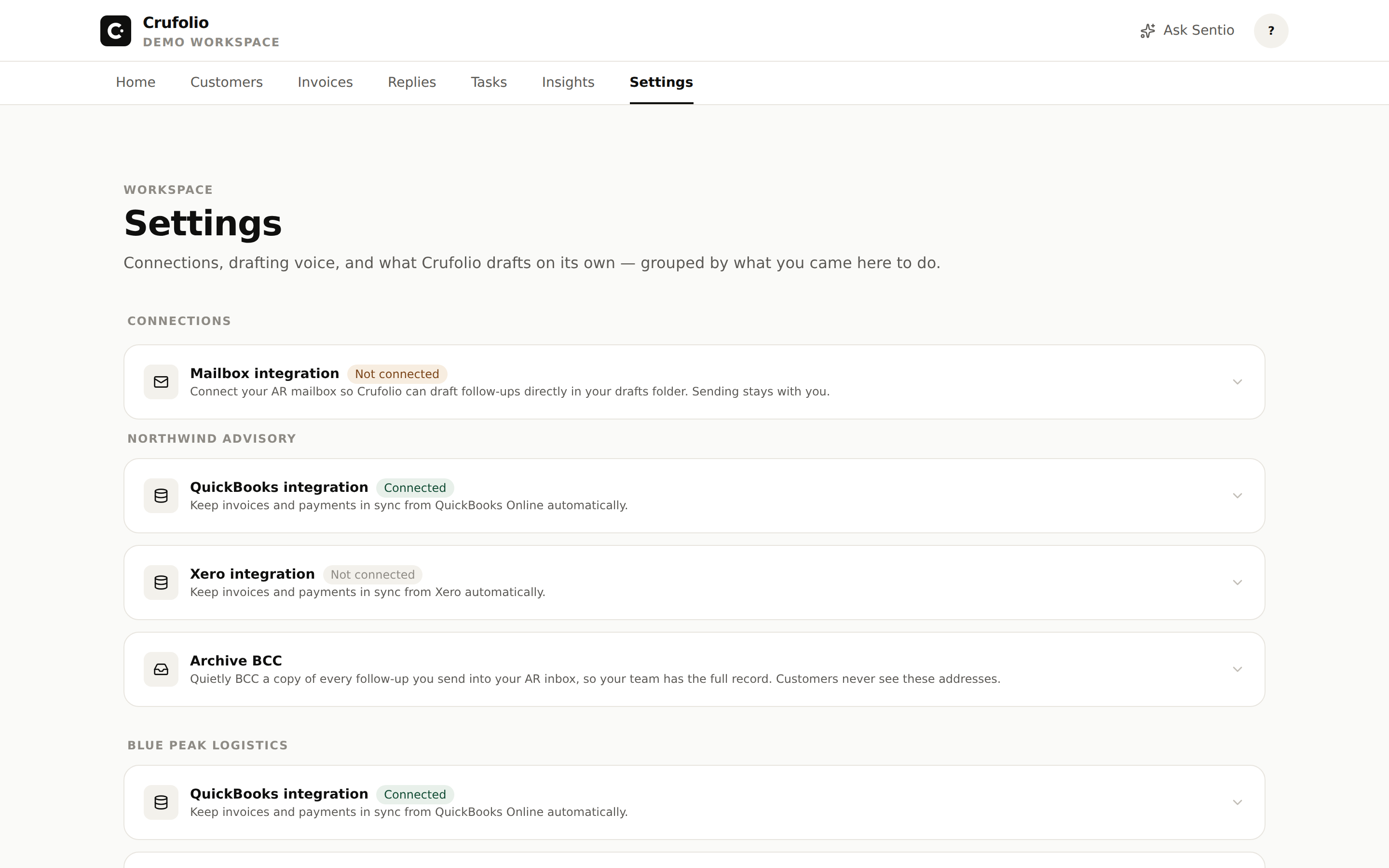 Settings — company, integrations, and the mailbox connection